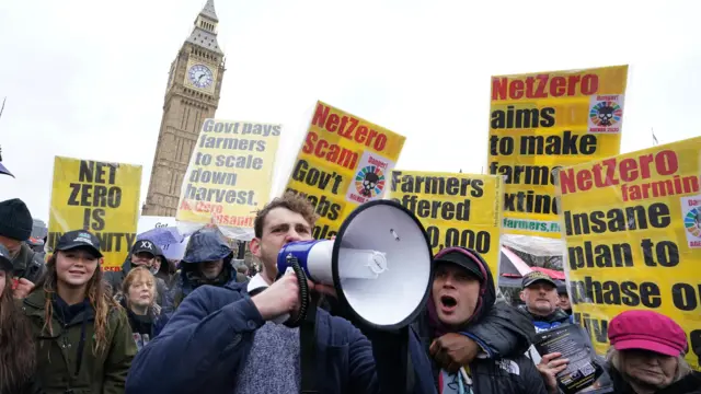 Farmers holding placards and megaphones protest in central London