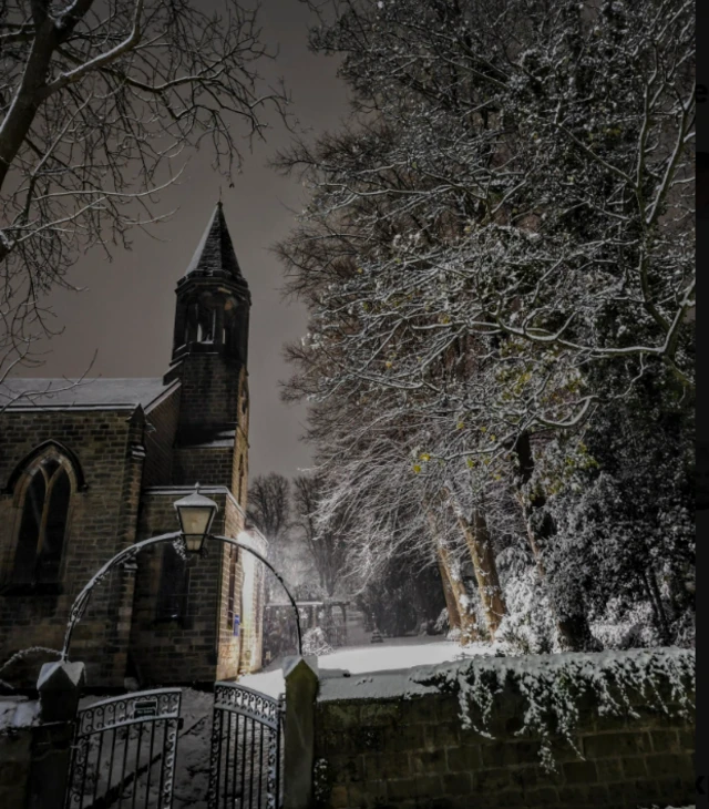 St Thomas and St James Church in Worsbrough, Barnsley, covered in snow