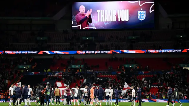 Screen inside Wembley displaying 'Thankyou' to Lee Carsley