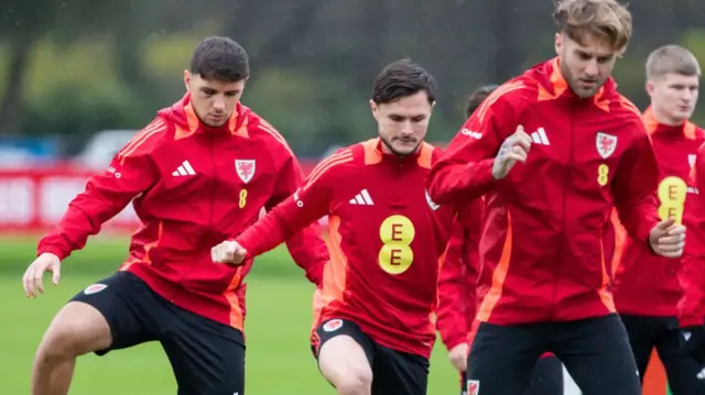 Wales players warming up