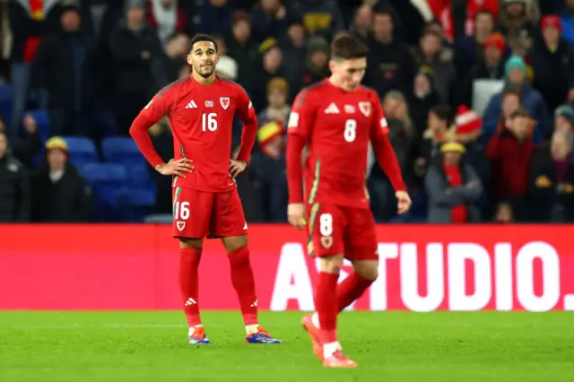 Ben Cabango and Harry Wilson of Wales look dejected