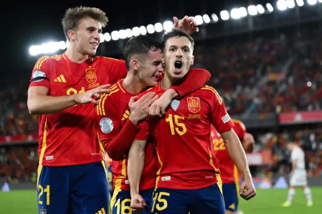 Spain celebrate Bryan Zaragoza's winning goal against