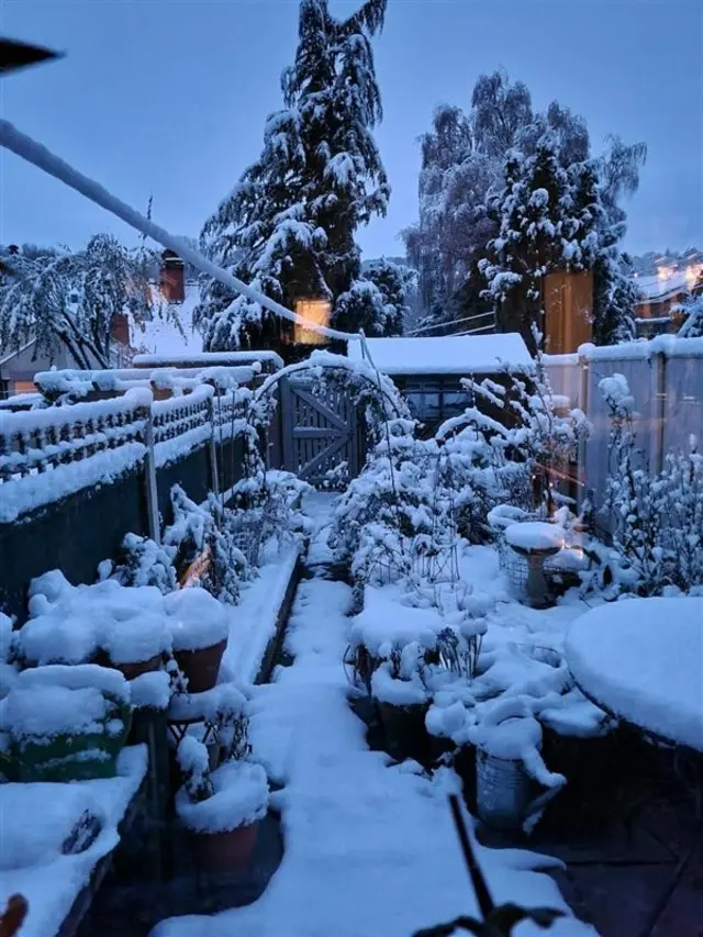 A garden in Ambergate, Derbyshire, is pictured with snow covering the area