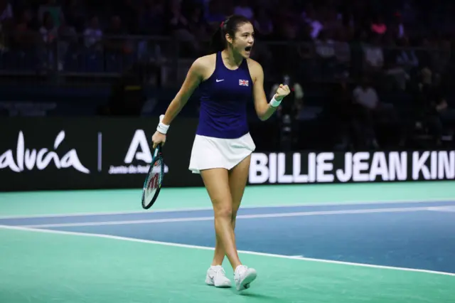 Emma Raducanu of Great Britain celebrates in her singles match against Viktoria Hruncakova