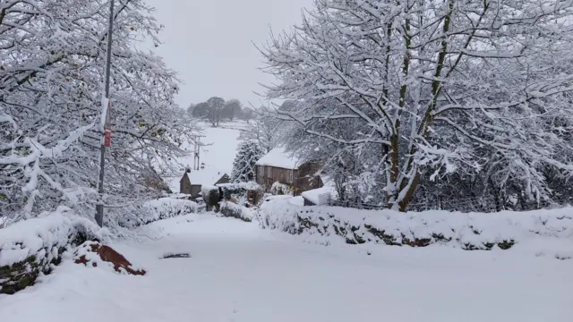 A snow covered part of Butterton in Staffordshire showing trees emerging from a drift of snow which covers a road leading to a house