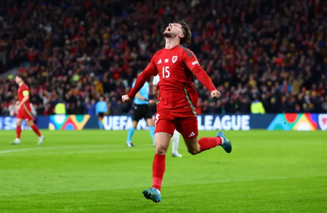 Wales striker Liam Cullen celebrates