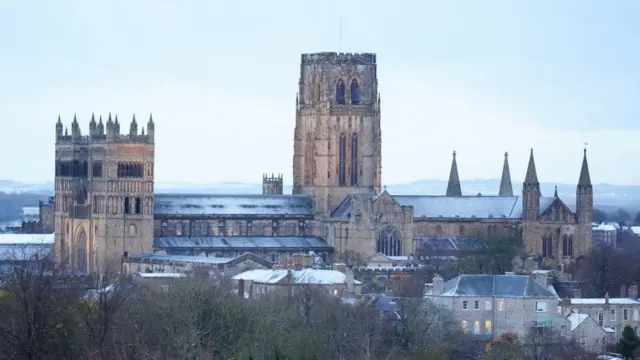 A scattering of overnight snow at Durham Cathedral in North East England