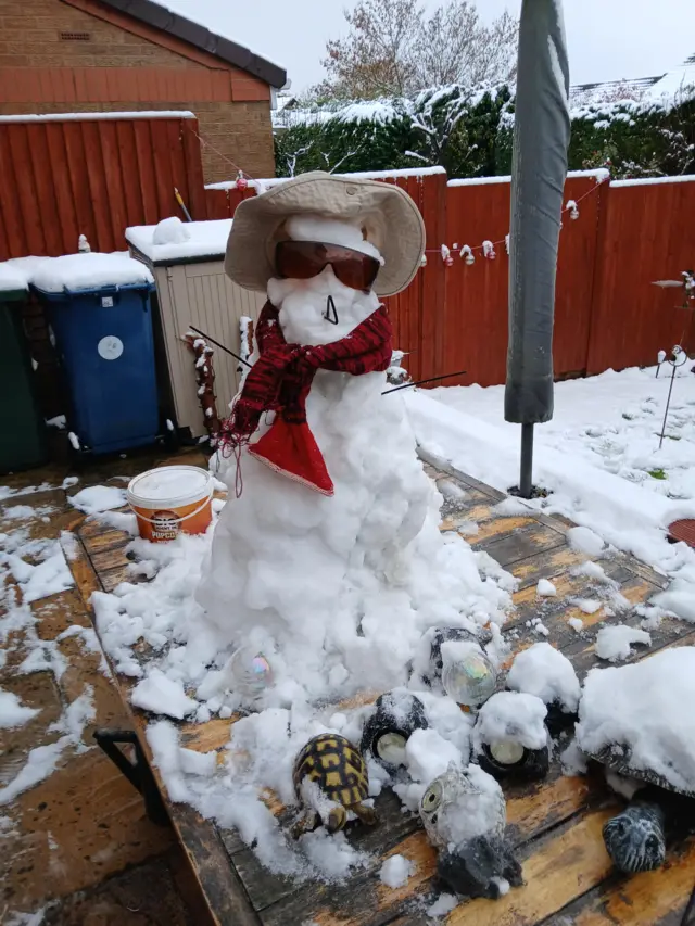 A snowman wearing sunglasses, a hat and scarf