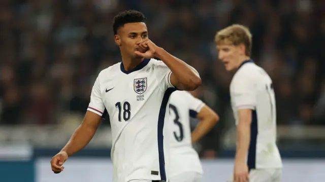 Ollie Watkins celebrates after scoring against Greece.