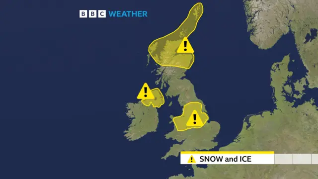 A map showing the three yellow weather warnings covering northern Scotland, northern England, and parts of Northern Ireland, the Midlands and north-east Wales.