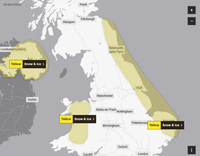 A map of the UK showing various warnings for snow and ice