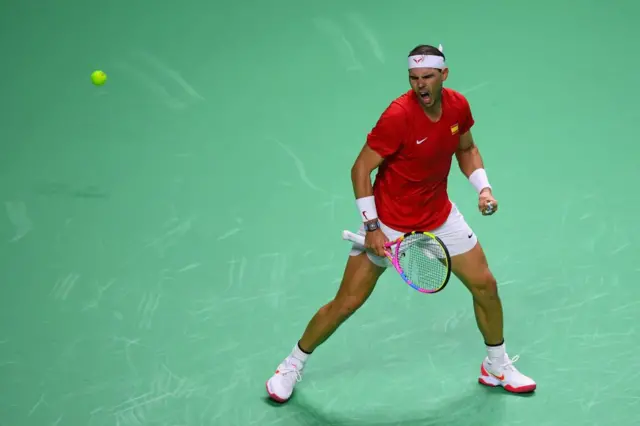 Spain's Rafael Nadal reacts in the quarter-final singles match between Netherlands and Spain