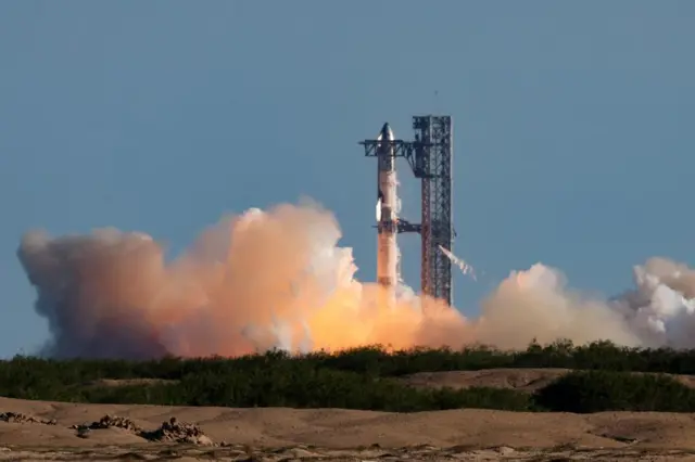 SpaceX's next-generation Starship spacecraft atop its powerful Super Heavy rocket is launched on its sixth test at the company's Boca Chica launch pad in Brownsville