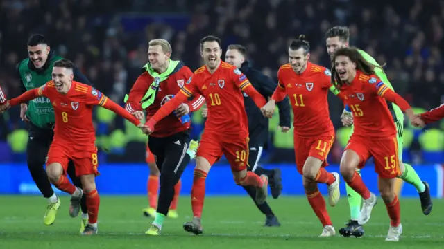 Wales players celebrate qualifying for Euro 2020