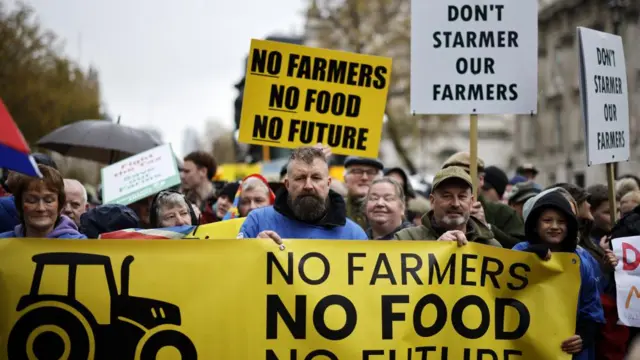 Protesters holding a banneer which says "no farmers, no food, no future" and another which says "Don't starmer our farmers"