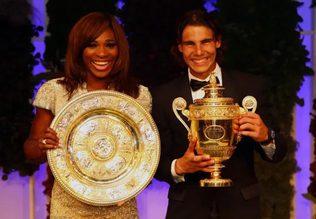 Serena Williams of USA and Rafael Nadal of Spain with their winners trophies at the Wimbledon Championships 2010 Winners Ball