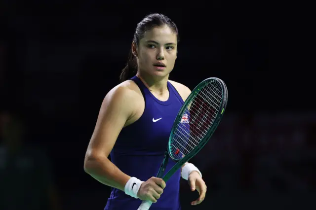 Emma Raducanu of Great Britain looks on in her singles match against Viktoria Hruncakova