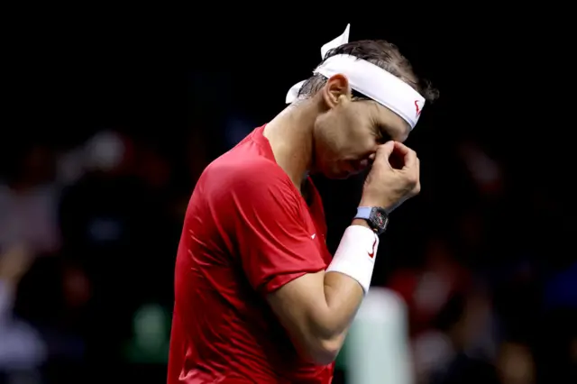 Rafael Nadal of Team Spain reacts in his singles match against Botic van de Zandschulp of Team Netherlands