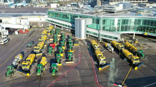 Manchester Airport showing its fleet of snow clearing vehicles with planes in the background