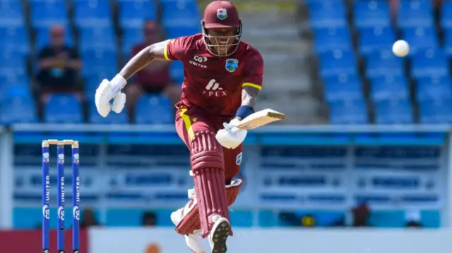 Keacy Carty of West Indies shouts no for a run