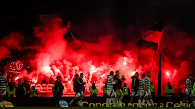 GLASGOW, SCOTLAND - NOVEMBER 02: Celtic fans set off pyro at full time during a Premier Sports Cup semi-final match between Celtic and Aberdeen at Hampden Park, on November 02, 2024, in Glasgow, Scotland. (Photo by Roddy Scott / SNS Group)