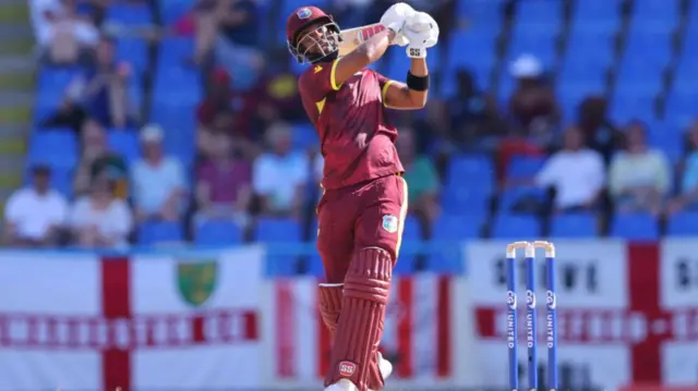 Shai Hope of West Indies hits a boundary