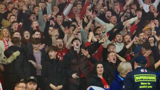 GLASGOW, SCOTLAND - NOVEMBER 02: Aberdeen fans during a Premier Sports Cup semi-final match between Celtic and Aberdeen at Hampden Park, on November 02, 2024, in Glasgow, Scotland. (Photo by Craig Foy / SNS Group)