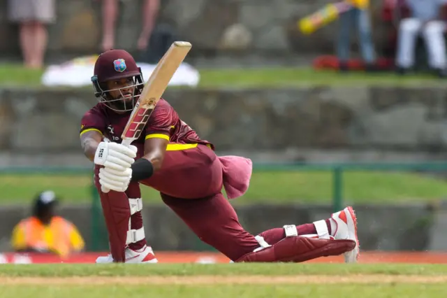 Shai Hope of West Indies hits a boundary