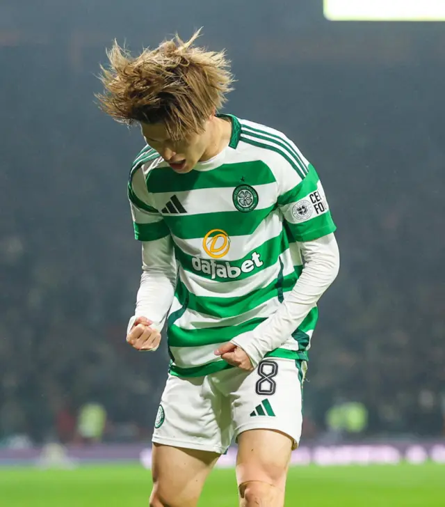 GLASGOW, SCOTLAND - NOVEMBER 02: Celtic's Kyogo Furuhashi celebrates after scoring to make it 2-0 during a Premier Sports Cup semi-final match between Celtic and Aberdeen at Hampden Park, on November 02, 2024, in Glasgow, Scotland. (Photo by Roddy Scott / SNS Group)