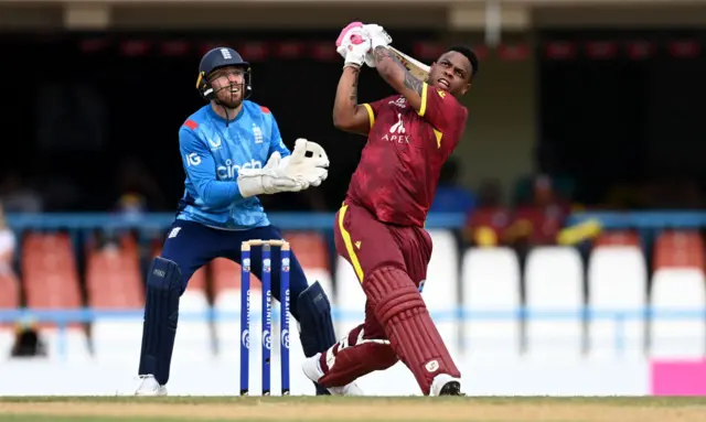 Shimron Hetmyer of the West Indies hits out for six