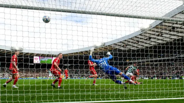 Matt O’Riley scores in Extra Time  to make it 3-2 Celtic  during a Scottish Gas Scottish Cup semi-final match between Aberdeen and Celtic at Hampden Park, on April 20, 2024.