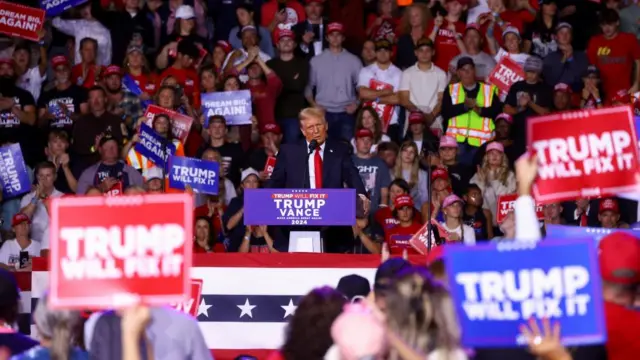 Republican presidential nominee and former U.S. President Donald Trump speaks at a campaign rally at Salem Civic Center,