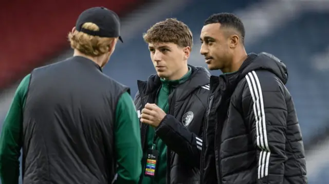 GLASGOW, SCOTLAND - NOVEMBER 02: Celtic's Arne Engels (centre) arrives ahead of a Premier Sports Cup semi-final match between Celtic and Aberdeen at Hampden Park, on November 02, 2024, in Glasgow, Scotland. (Photo by Alan Harvey / SNS Group)