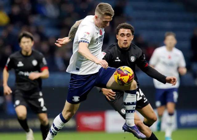 Preston North End's Emil Riis Jakobsen battles for possession with Bristol City's Haydon Roberts