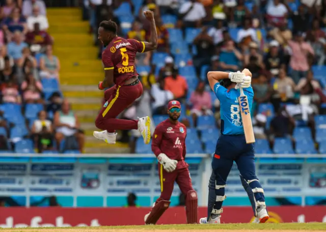 Matthew Forde of West Indies celebrates the dismissal of Will Jacks