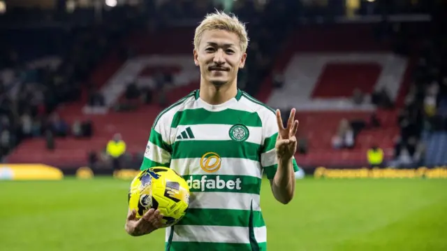 GLASGOW, SCOTLAND - NOVEMBER 02: Celtic's Daizen Maeda with the match ball at full time during a Premier Sports Cup semi-final match between Celtic and Aberdeen at Hampden Park, on November 02, 2024, in Glasgow, Scotland. (Photo by Alan Harvey / SNS Group)