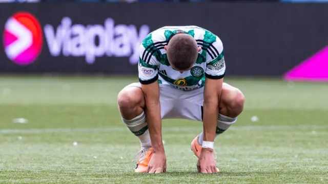 Celtic's Gustaf Lagerbielke looks dejected during a Viaplay Cup Round of Sixteen match between Kilmarnock and Celtic at Rugby Park, on August 20, 2023, in Kilmarnock, Scotland