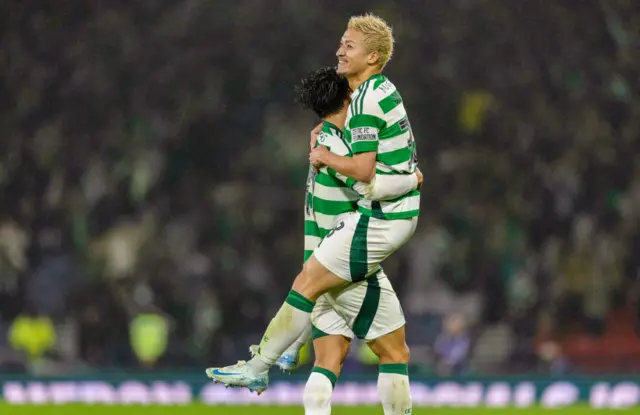 GLASGOW, SCOTLAND - NOVEMBER 02: Celtic's Daizen Maeda celebrates with Alex Valle after scoring to make it 3-0 during a Premier Sports Cup semi-final match between Celtic and Aberdeen at Hampden Park, on November 02, 2024, in Glasgow, Scotland. (Photo by Craig Foy / SNS Group)