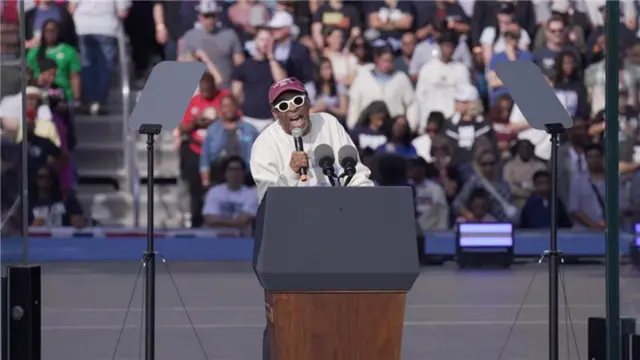 Spike Lee speaks at a Kamala Harris rally