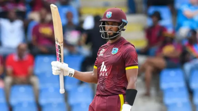 Shai Hope of West Indies celebrates his half century