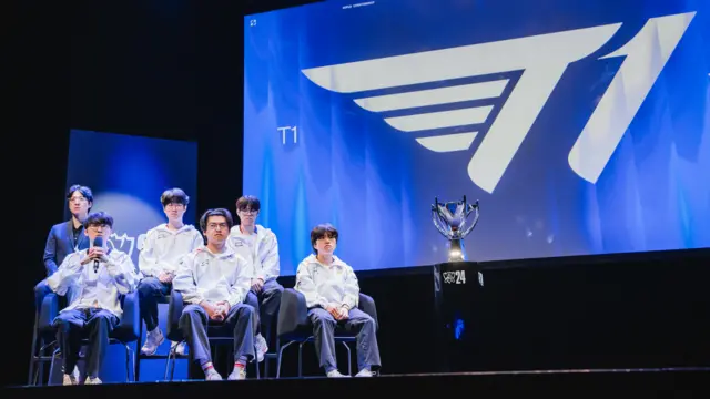 T1 are seen onstage at the League of Legends World Championship 2024 Media Day on November 01, 2024