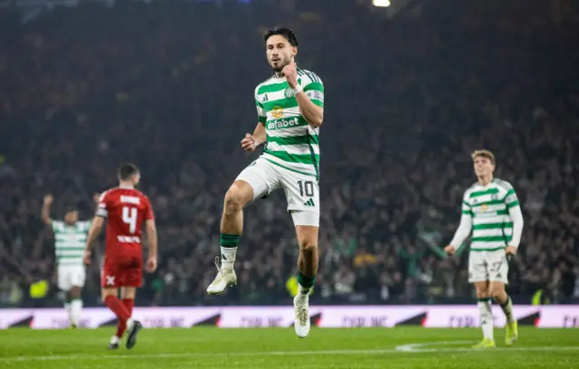 GLASGOW, SCOTLAND - NOVEMBER 02: Celtic's Nicolas Kuhn celebrates scoring to make it 5-0 during a Premier Sports Cup semi-final match between Celtic and Aberdeen at Hampden Park, on November 02, 2024, in Glasgow, Scotland. (Photo by Alan Harvey / SNS Group)