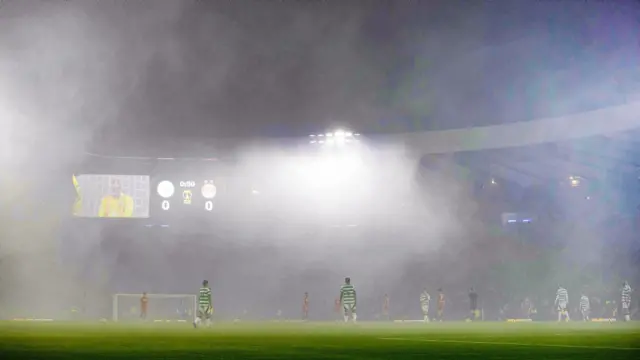 GLASGOW, SCOTLAND - NOVEMBER 02: A general view as smoke descends on the pitch from pyrotechnics in the stands during a Premier Sports Cup semi-final match between Celtic and Aberdeen at Hampden Park, on November 02, 2024, in Glasgow, Scotland. (Photo by Alan Harvey / SNS Group)