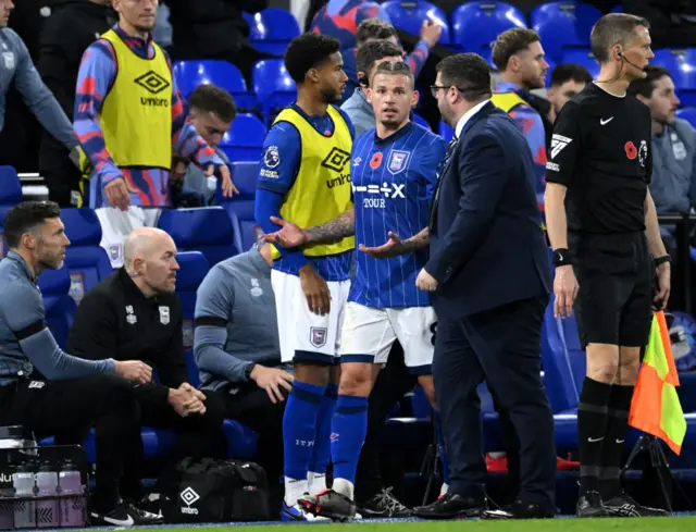 Kalvin Phillips of Ipswich Town reacts to receiving a red card