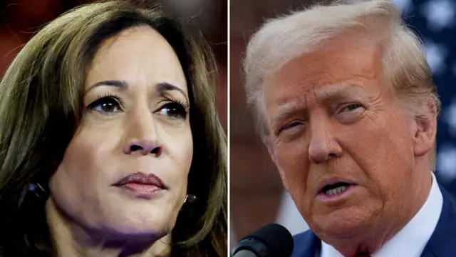 A split-screen image showing Harris and Trump.