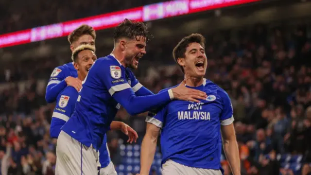 Cardiff City celebrating winning goal against Norwich City