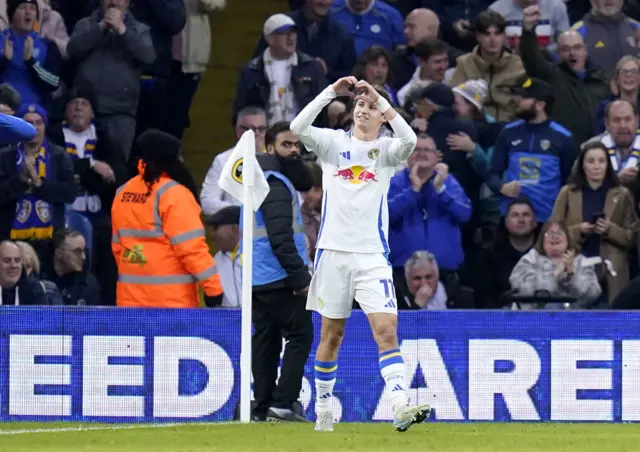 Leeds United's Brenden Aaronson celebrates after scoring