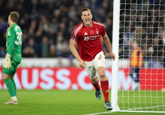 Chris Wood celebrating after scoring for Nottingham Forest