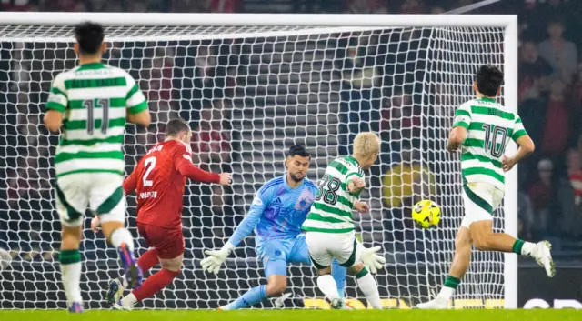 GLASGOW, SCOTLAND - NOVEMBER 02: Celtic's Daizen Maeda scores to make it 3-0 during a Premier Sports Cup semi-final match between Celtic and Aberdeen at Hampden Park, on November 02, 2024, in Glasgow, Scotland. (Photo by Alan Harvey / SNS Group)