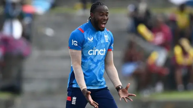 Jofra Archer of England reacts after John Turner drops Keacy Carty of the West Indies